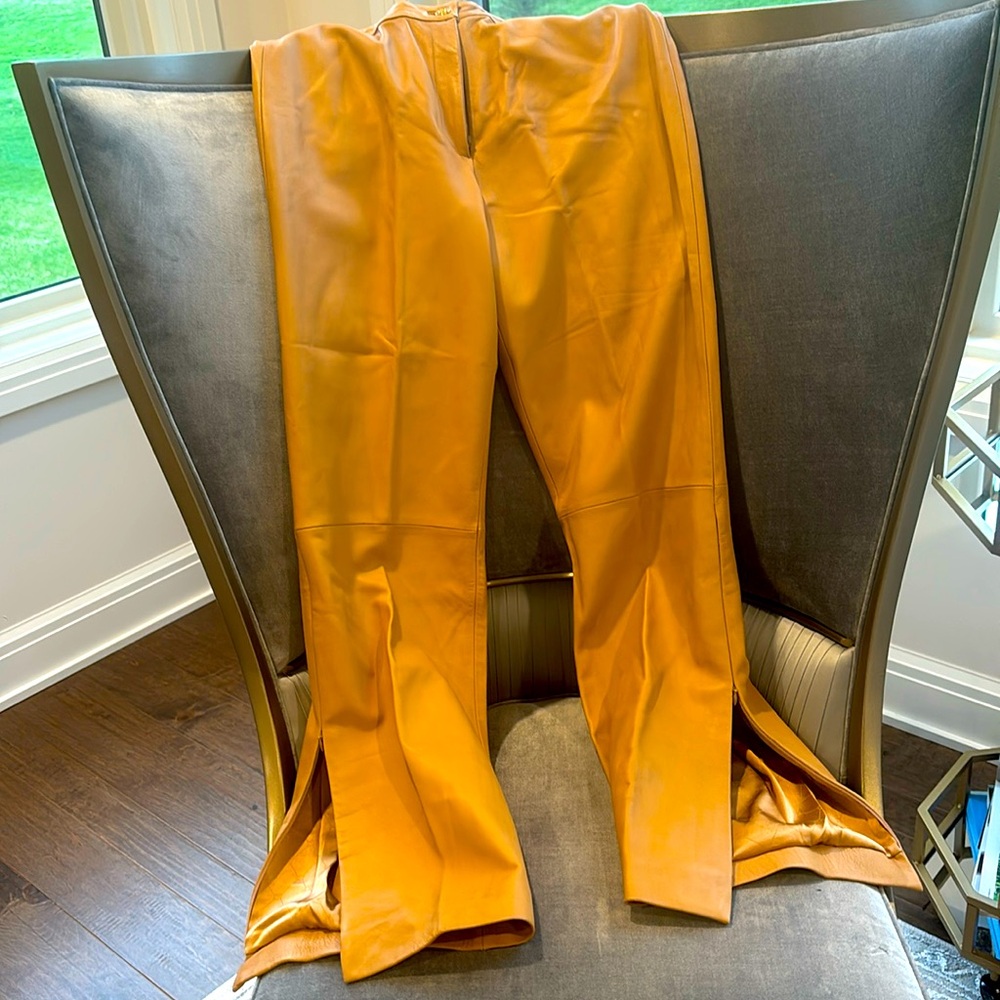 St John Couture Leather Pants Tan long zipper at ankle